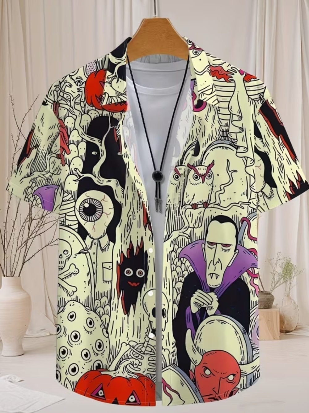 Men's Halloween Graphic Short Sleeve Shirt - Cream Multi